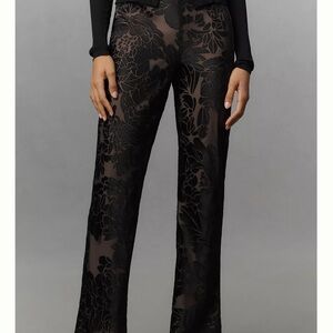Anthropologie Black Sheer Flocked Floral Trousers